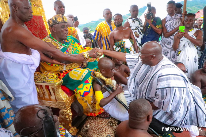 Vice-President Dr Bawumia (right) being welcomed by Osagyefo Amoatia Ofori Panin, the Okyenhene, to the durbar to climax the Ohum festival in Kyebi
